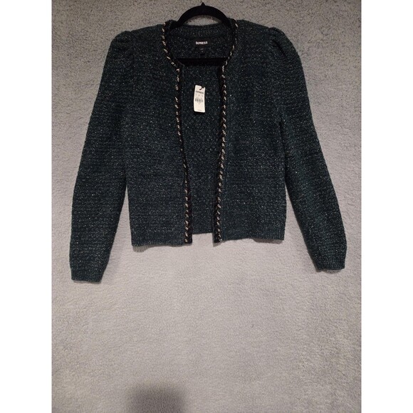 Express Sweater Womens S Green Metallic Open Front Chain Trim Knit Cardigan $148 - Picture 4 of 11